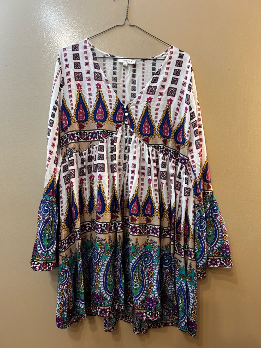 Umgee White Boho Paisley V-Neck Long Sleeve Dress with Multicolor Accents